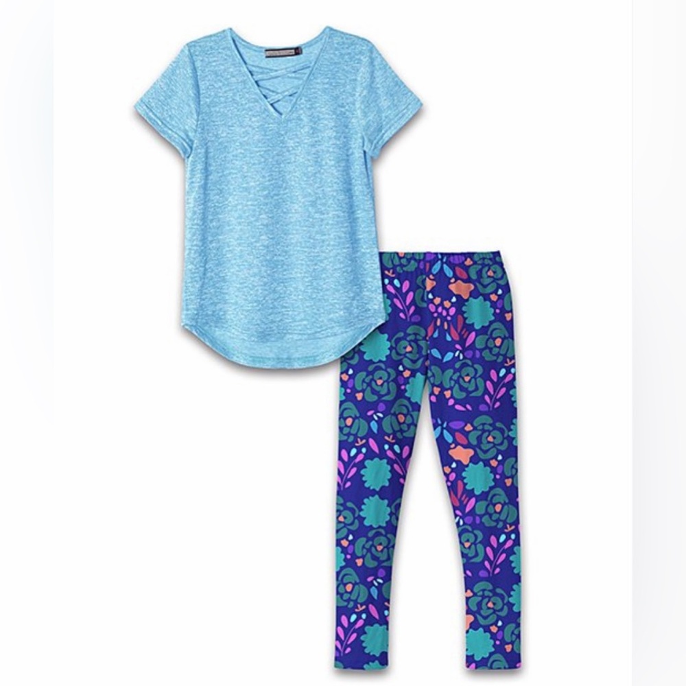 Girls Blue Crisscross Tunic & Floral Leggings Set